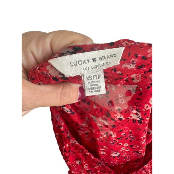 LUCKY BRAND Red Floral 3/4 Sleeve Sheer Blouse Size XS - Picture 2 of 7